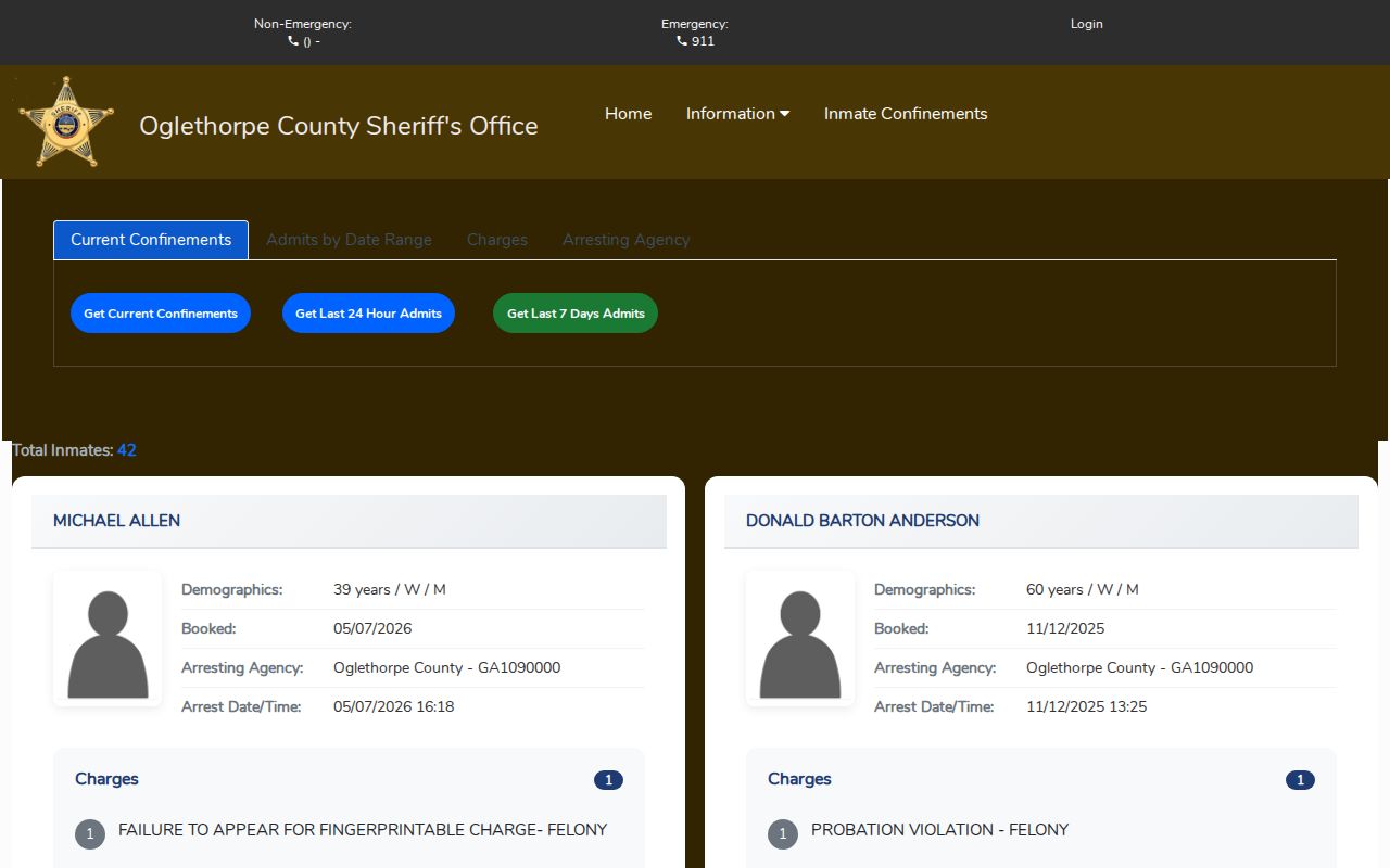 Oglethorpe Citizen Connect current confinement and admit search options