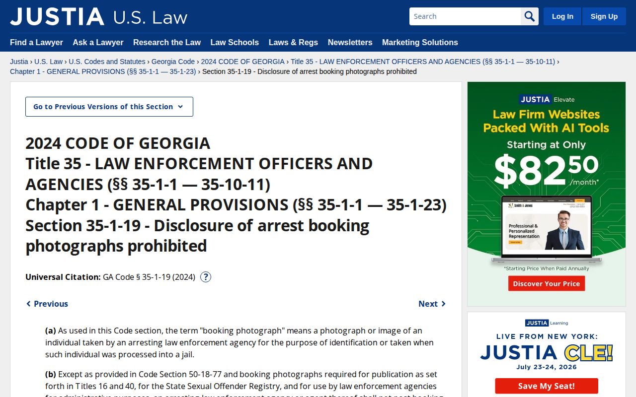 Georgia booking photograph law O.C.G.A. 35-1-19