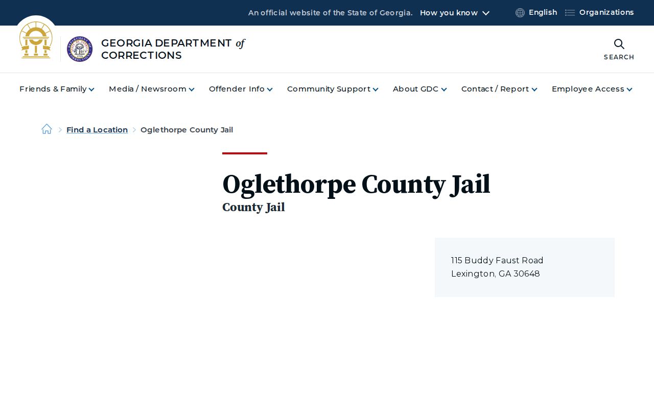 Georgia Department of Corrections directory listing for Oglethorpe County Jail